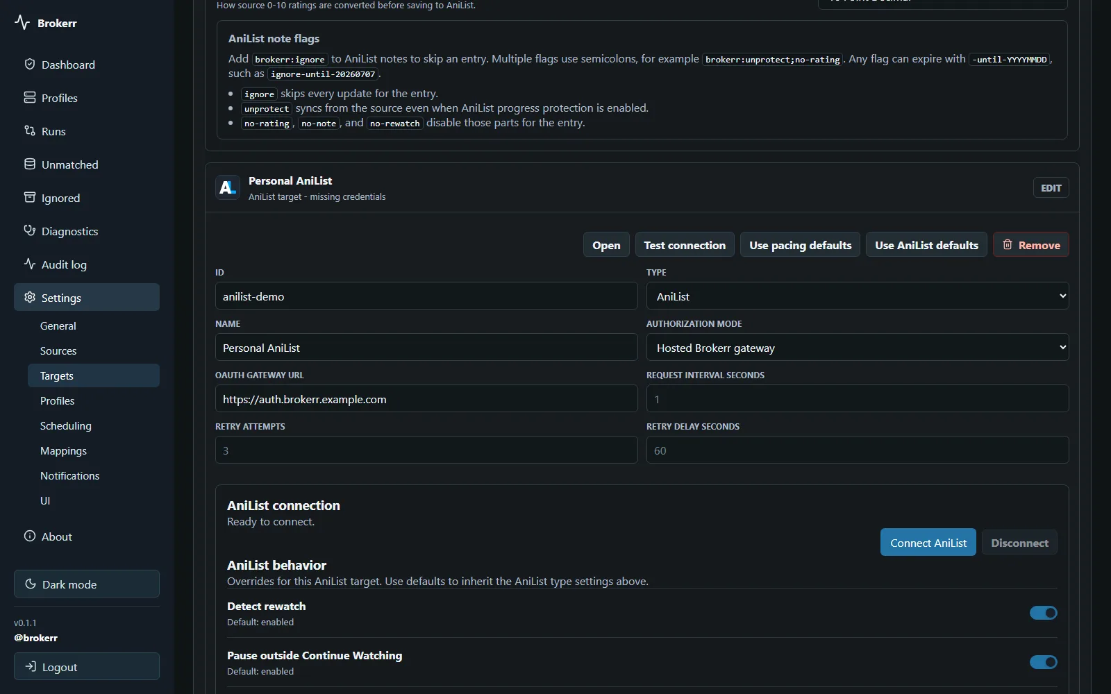 Sanitized MediaState target settings showing hosted OAuth gateway mode