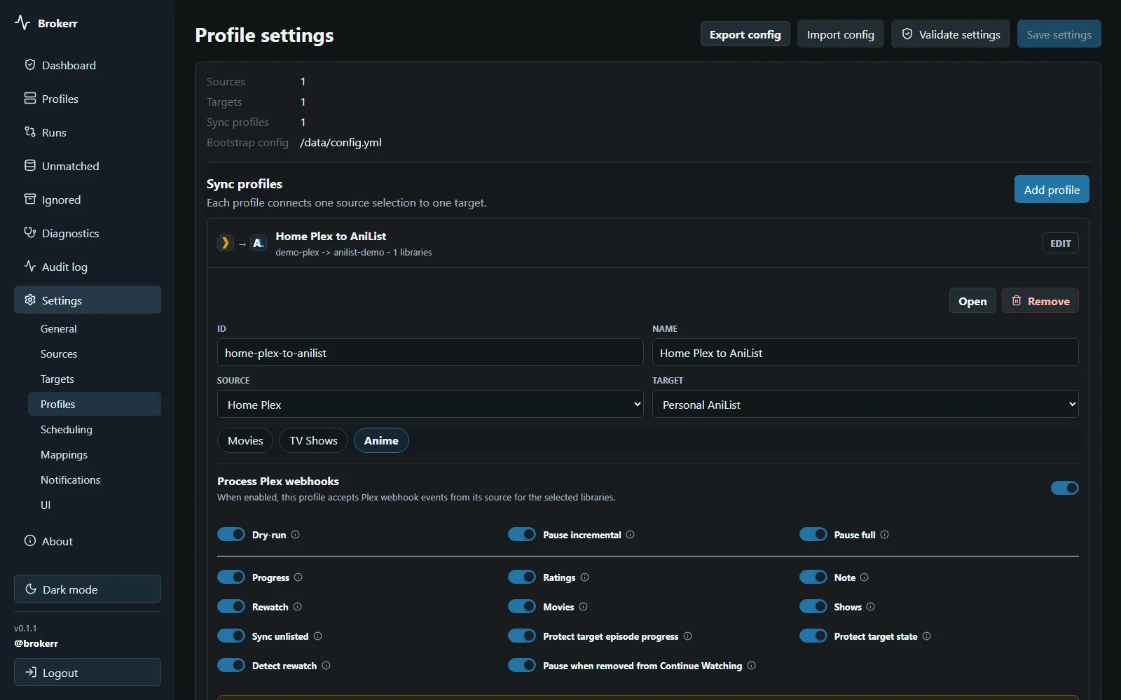 Sanitized MediaState profile settings showing sync rules and scheduling controls